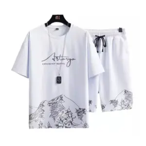 Faith Men's Outfit 2-Piece Set - O-Neck Short Sleeve T-Shirt with Elastic Waistband and Mountain Print, Casual Drawstring Shorts with Pockets. (SIZE XL)