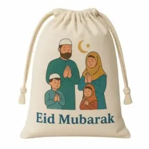 Toys Assorted Canvas Eid Mubarak Drawstring Bags | Reusable 15x20cm Eidi & Treat Pouches