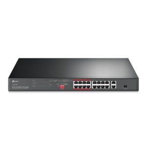 TP-Link 16-Port 10/100Mbps + 2-Port Gigabit Rackmount Switch with 16-Port PoE+
PORT: 16× 10/100 Mbps PoE+ Ports, 2× Gigabit Non-PoE Ports, 1× Combo Gigabit SFP Slot
HARDWARE: 802.3at/af, 150 W PoE Power, 1U 19-inch Rack-mountable Steel Case
FEATURE: Extend Mode for 250 m PoE Transmitting, Priority Mode for Port 1-8, Isolation Mode, Plug and Play