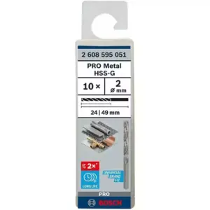 Bosch HSS-G Ground Metal Drill Bit 135°, 2mm x 24 x 49mm 2608595051 (Pack of 10 Pcs)