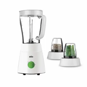 Braun Blender 1.5L Plastic Jug with Dry and Wet Grinder 500W JB0123WH 3 Plastic Jars Stainless Steel Blades Ice Crush Function 2 Speed With Pulse