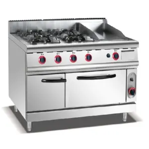 Commercial Kitchen Equipment Commercial Gas Range with 10mm Iron Griddle & Integrated Gas Oven 4-Burner, SS304 Industrial Cooking Station – HGR-998