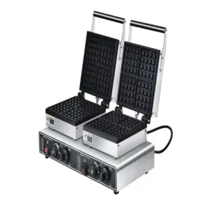 Commercial Kitchen Equipment Commercial Electric Double Head 4-Plate Square Waffle Machine, 3.2kW Professional 8-Waffle Capacity Maker, Industrial Heavy-Duty Square Belgian Waffle Station WG-HF-4S-2