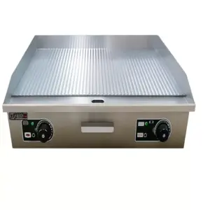 Commercial Kitchen Equipment Commercial Full Grooved Electric Griddle 4.4kW, Professional 728mm Large Ribbed Surface Grill, Heavy-Duty Stainless Steel Countertop Griddle WG-822K