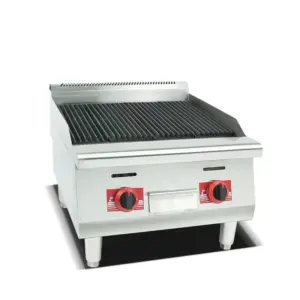 Commercial Kitchen Equipment 2-Burner Gas BBQ Lava Rock Grill, 9kW Heavy-Duty LPG Countertop Grill, Professional Stainless Steel Industrial Charbroiler WG-GH-24H