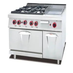 Commercial Kitchen Equipment 4-Burner Gas Range with Griddle & Double Gas Ovens, Professional 102,360 BTU Industrial Multi-Station, Heavy-Duty LPG Combi Range WG-GH-986AA