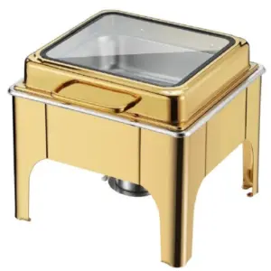 Commercial Kitchen Equipment Square Golden Chafing Dish 6.0L, Large Glass Viewing Window, Luxury Finish DZW-G322
