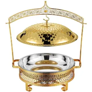 Commercial Kitchen Equipment Golden Four-Leaf Diamond Cover Chafing Dish 8.0L, Partitioned Dual Pan, Luxury Gold Finish DZW-DL280