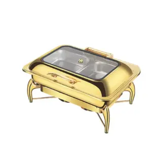 Commercial Kitchen Equipment Luxury Hydraulic Rectangular Chafing Dish 9.0L, Golden Finish, Hands-Free Soft Close DZW-G228