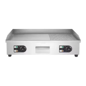 Commercial Kitchen Equipment Commercial Electric Half Grooved Half Flat Griddle, Dual-Zone 4.4kW Large Combination Grill, Professional Stainless Steel Countertop Griddle WG-822