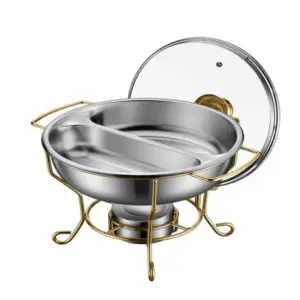Commercial Kitchen Equipment Luxury Partitioned Golden Chafing Dish 8.0L, Dual Section Food Pan, Glass Lid DZW-B280