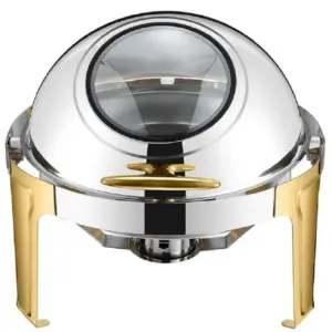 Commercial Kitchen Equipment Roll Top Round Half-Golden Chafing Dish 6.0L, Glass Viewing Window, Luxury Two-Tone DZW-KH721