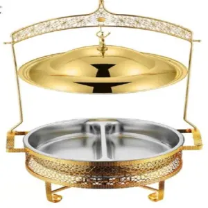 Commercial Kitchen Equipment Golden Four-Leaf Jazz Cover Chafing Dish 8.0L, Partitioned Dual Pan, Luxury Gold Finish DZW-LF080
