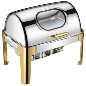 Commercial Kitchen Equipment Roll Top Rectangular Half-Golden Chafing Dish 9.0L, Glass Viewing Window, Two-Tone Luxury DZW-KH723