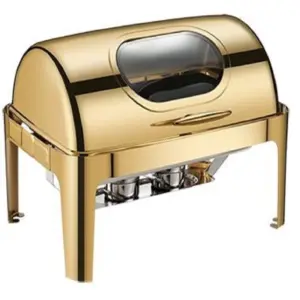 Commercial Kitchen Equipment Roll Top Rectangular Golden Chafing Dish 9.0L, Glass Viewing Window, Soft-Motion Lid DZW-KG723