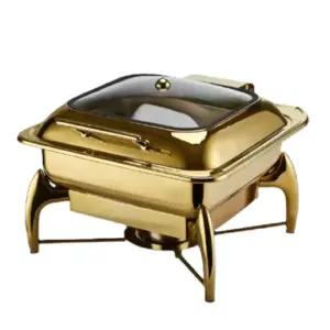 Commercial Kitchen Equipment Luxury Hydraulic Square Chafing Dish 6.0L, Soft-Close Lid, Golden Stainless Steel DZW-G218
