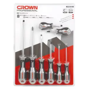 Crown Professional Screwdriver Set 8pcs Cr‑V Steel Chrome Plated Magnetic Tips CPHDS‑AX08