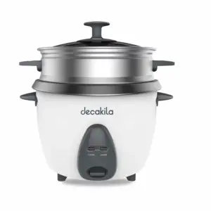 Decakila Rice Cooker 1.5l Keep Warm Function Nonstick Coated Pot 500w Keer033w with spoon, measuring cup and aluminium steaming basket single side nonstick pot coating