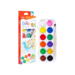 Deli Stationery Deli Watercolor Paint Set 12 Colours, Brush & Plastic Box EC20-12