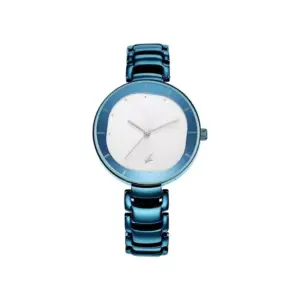Titan Watch Fastrack Style Up Quartz Analog Silver Dial Watch for Girls with Blue Metal Strap 6270QM01