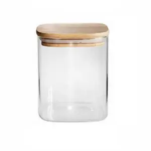 RMH Generic Glass Jar Square with Wooden Lid 10x12cm – Elegant Storage Container for Kitchen & Home S1012(1-40)