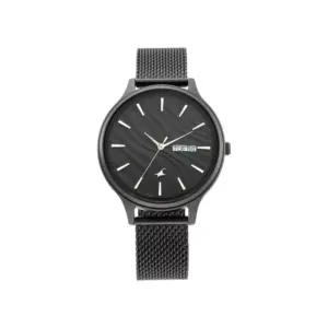 Titan Watch Fastrack Ruffles Quartz Analog Black Dial Watch for Women with Stainless Steel Strap, Day & Date 6207NM01