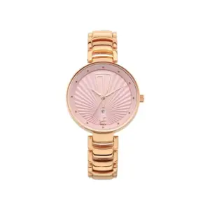 Titan Watch Fastrack Ruffles Quartz Analog Date Pink Dial Watch for Women with Rose Gold Stainless Steel Strap 6216WM01