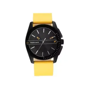 Titan Watch Fastrack Wear Your Look Quartz Analog Black Dial Watch for Men with Yellow Leather Strap 3089NL01