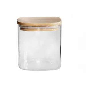 RMH Generic Glass Jar Square with Wooden Lid 10x10cm – Elegant Storage Container for Kitchen & Home S1010(1-38)