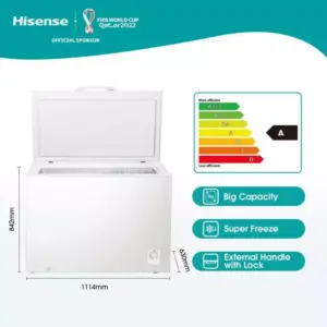 Hisense Chest Freezer 297L Multimode Function, Energy Saving, Spring-load Hinges, Defrost Drain, Handle, Aluminum, Super Freezer, Lock, White H395CF