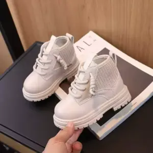 Faith Generic Kids White Boots - Slip-On Mid-Top with Arch Support, Retro Streetwear Style for Boys & Girls, PU/Fabric Upper, Rubber Sole.