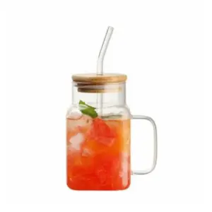 RMH Generic Mason Jar with Straw & Wooden Lid 7.5x14cm – Stylish Glass Drink Jar DB-GY-1-600