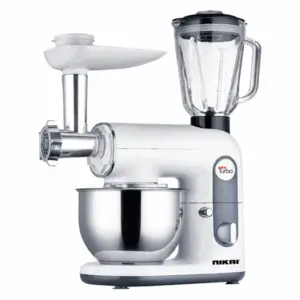 Nikai Kitchen Machine 4L 3 in 1 Blender Mincer and Mixer 800W NFP444A Stainless Steel Bowl With Cover Metal Gear 3 Blades Whisk, Dough Hook & Beater 6 Speed With Pulse