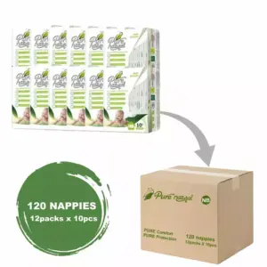 PureBorn Pure Natural Nappies Single Size New Born, Small, 1-5kg (Pack of 120pcs)