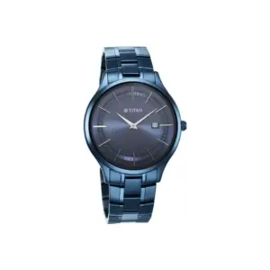 Titan Watch Titan Classique Slimline Quartz Analog Blue Dial Watch for Men with Date, Stainless Steel Strap 90142QM01