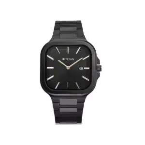 Titan Watch Titan Classique Slim Square Quartz Analog Black Dial Watch for Men with Date, Stainless Steel Strap 90176NM01