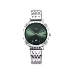 Titan Shaped Cases Quartz Green Dial Watch for Women with Date, Silver Stainless Steel Strap 2730SM01