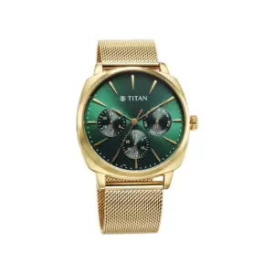 Titan Watch Titan Classique Suave Quartz Multifunction Green Dial Watch for Men Golden Stainless Steel Mesh Strap 90189YM01