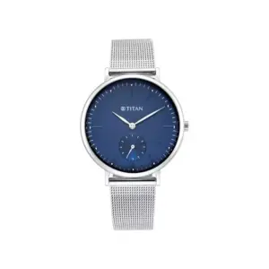 Titan Watch Titan Slimline Quartz Analog Offset Blue Dial Watch for Women with Metal Mesh Strap 95142SM01