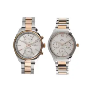 Titan Watch Titan Bandhan Quartz Multifunction White Dial Watch for Couple with Two Toned Stainless Steel Strap 17332570KM01