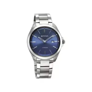 Titan Watch Titan Titanium Quartz Analog Blue Dial Watch for Men with Silver Titanium Strap 90177TM01