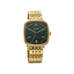Titan Watch Titan Neo Curve Quartz Analog Champagne Dial Watch For Men with Date, Golden Stainless Steel Strap 1885YM01