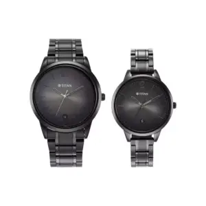 Titan Watch Titan Bandhan Analog Anthracite Dial Watch for Couple with Date, Black Stainless Steel Strap 18062617NM01