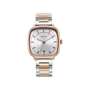 Titan Watch Titan IBD Shaped Case Quartz Silver White Dial Watch for Men with Date, Two Toned Metal Strap 1885KM01