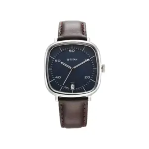 Titan Watch Titan Neo Curve Quartz Analog Blue Dial Watch for Men with Date, Brown Leather Strap 1885SL03
