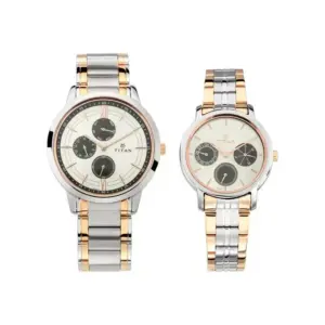Titan Watch Titan Bandhan Quartz Multifunction Silver Dial Watch for Couple with Two Toned Stainless Steel Strap 17692589KM01