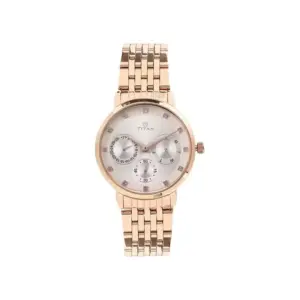 Titan Watch Titan Workwear Neo II Quartz Multifunction Beige Dial Watch for Women with Rose Gold Stainless Steel Strap 2569WM02