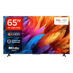 TCL 65-Inch Smart TV - 4K UHD LED HDR 10 UHD, Google TV, Dolby Audio, Dynamic Color Enhancement, Metallic Bezel-less Design, Model 65 inch V6B Series 6.
