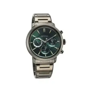 Titan Watch Titan Stellar Quartz Multifunction Green Dial Watch for Men with Grey Stainless Steel Strap 10012QM01