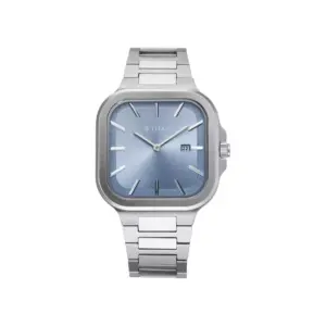 Titan Watch Titan Classique Slim Quartz Analog Blue Square Dial Watch for Men with Date, Silver Stainless Steel Strap 90176SM01